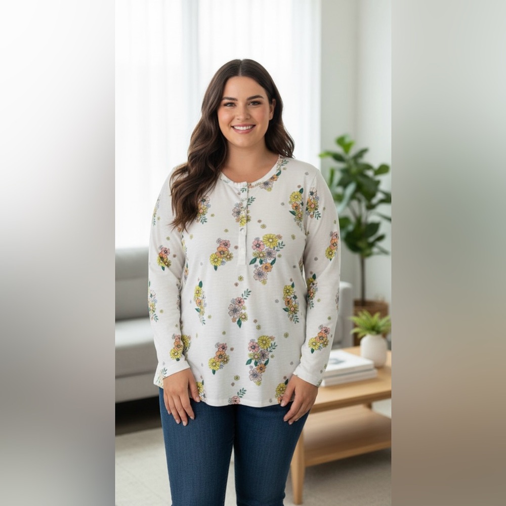Style & Co Long Sleeve Henley Top in Floral Print Women’s Size 3X Cottagecore